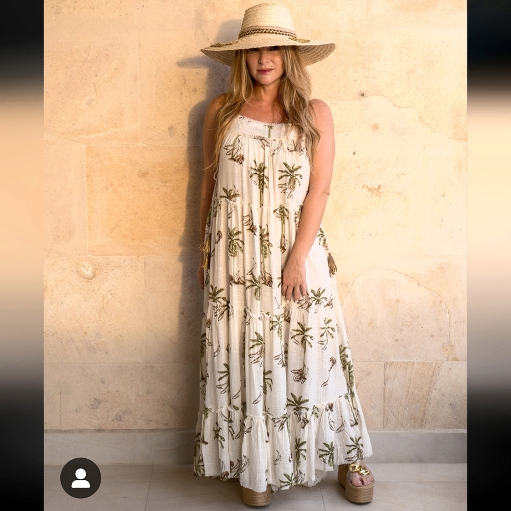 Nwot Z & L Resortwear Tropical Palm Trees Coconuts Tiered Maxi Dress